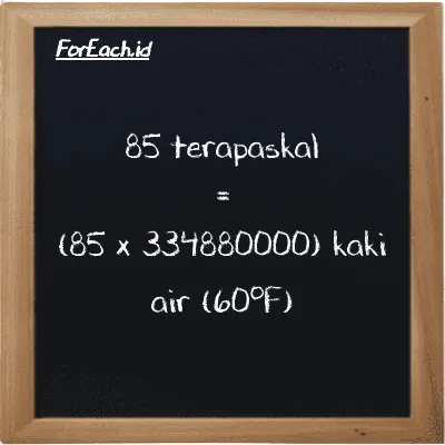 Cara konversi terapaskal ke kaki air (60<sup>o</sup>F) (TPa ke ftH2O): 85 terapaskal (TPa) setara dengan 85 dikalikan dengan 334880000 kaki air (60<sup>o</sup>F) (ftH2O)