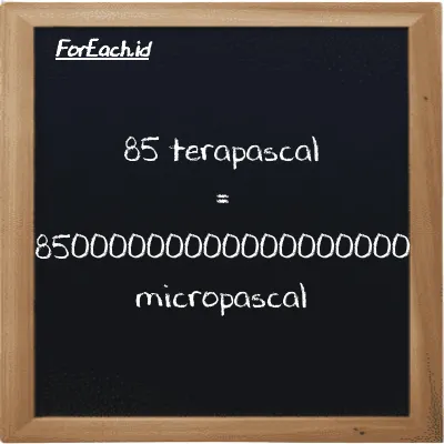 85 terapaskal setara dengan 85000000000000000000 mikropaskal (85 TPa setara dengan 85000000000000000000 µPa)