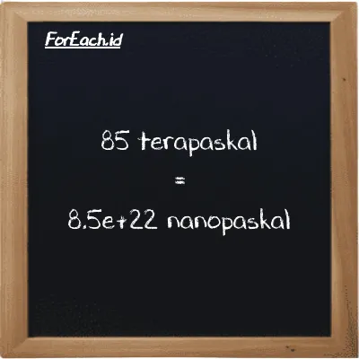 Cara konversi terapaskal ke nanopaskal (TPa ke nPa): 85 terapaskal (TPa) setara dengan 85 dikalikan dengan 1e+21 nanopaskal (nPa)