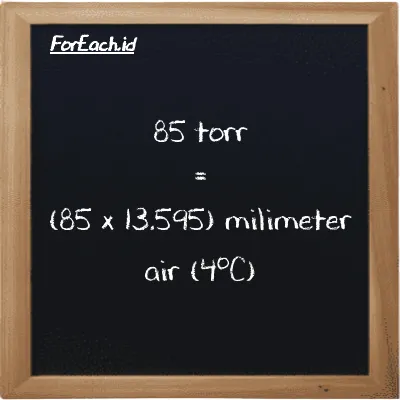 Cara konversi torr ke milimeter air (4<sup>o</sup>C) (torr ke mmH2O): 85 torr (torr) setara dengan 85 dikalikan dengan 13.595 milimeter air (4<sup>o</sup>C) (mmH2O)