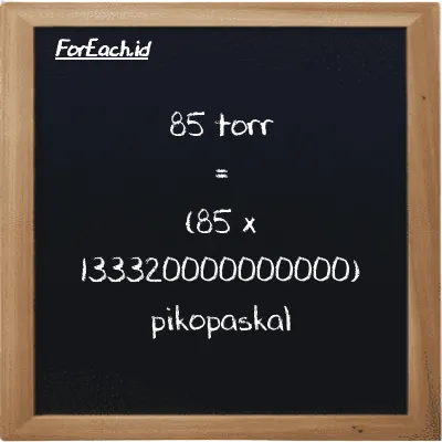 Cara konversi torr ke pikopaskal (torr ke pPa): 85 torr (torr) setara dengan 85 dikalikan dengan 133320000000000 pikopaskal (pPa)