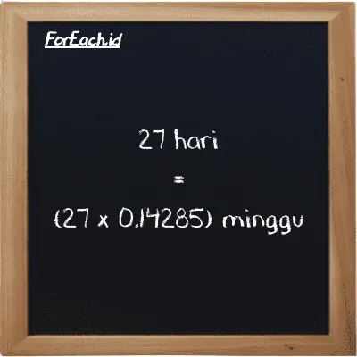 Cara konversi hari ke minggu (d ke w): 27 hari (d) setara dengan 27 dikalikan dengan 0.14285 minggu (w)