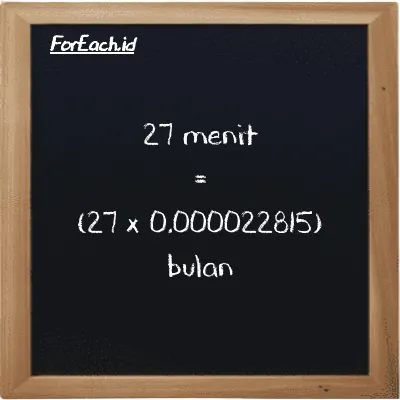 Cara konversi menit ke bulan (min ke mo): 27 menit (min) setara dengan 27 dikalikan dengan 0.000022815 bulan (mo)