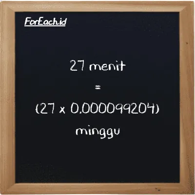 Cara konversi menit ke minggu (min ke w): 27 menit (min) setara dengan 27 dikalikan dengan 0.000099204 minggu (w)