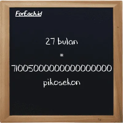 27 bulan setara dengan 71005000000000000000 pikosekon (27 mo setara dengan 71005000000000000000 ps)