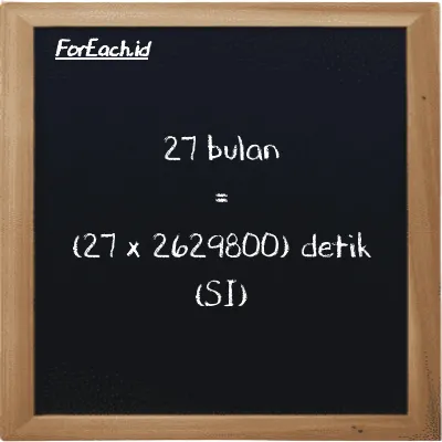 Cara konversi bulan ke detik (mo ke s): 27 bulan (mo) setara dengan 27 dikalikan dengan 2629800 detik (s)