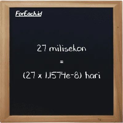 Cara konversi milisekon ke hari (ms ke d): 27 milisekon (ms) setara dengan 27 dikalikan dengan 1.1574e-8 hari (d)