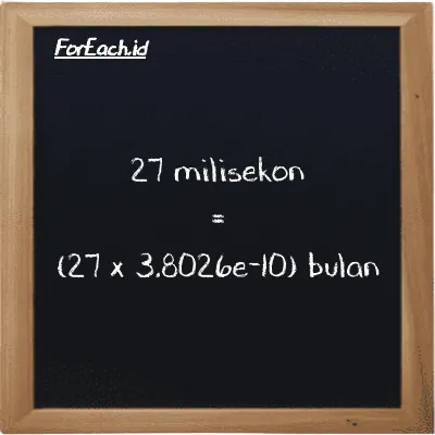 Cara konversi milisekon ke bulan (ms ke mo): 27 milisekon (ms) setara dengan 27 dikalikan dengan 3.8026e-10 bulan (mo)