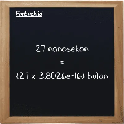 Cara konversi nanosekon ke bulan (ns ke mo): 27 nanosekon (ns) setara dengan 27 dikalikan dengan 3.8026e-16 bulan (mo)