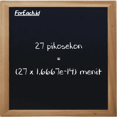Cara konversi pikosekon ke menit (ps ke min): 27 pikosekon (ps) setara dengan 27 dikalikan dengan 1.6667e-14 menit (min)