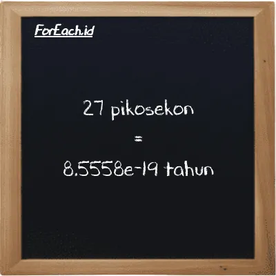 27 pikosekon setara dengan 8.5558e-19 tahun (27 ps setara dengan 8.5558e-19 y)
