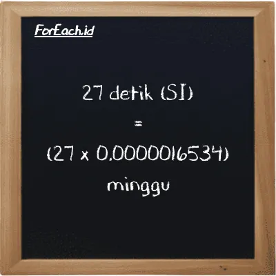 Cara konversi detik ke minggu (s ke w): 27 detik (s) setara dengan 27 dikalikan dengan 0.0000016534 minggu (w)