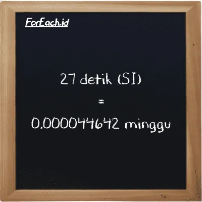 27 detik setara dengan 0.000044642 minggu (27 s setara dengan 0.000044642 w)