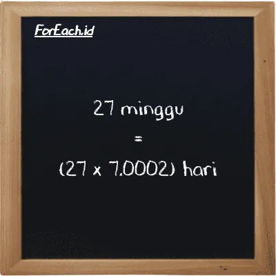 Cara konversi minggu ke hari (w ke d): 27 minggu (w) setara dengan 27 dikalikan dengan 7.0002 hari (d)