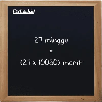 Cara konversi minggu ke menit (w ke min): 27 minggu (w) setara dengan 27 dikalikan dengan 10080 menit (min)