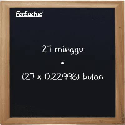 Cara konversi minggu ke bulan (w ke mo): 27 minggu (w) setara dengan 27 dikalikan dengan 0.22998 bulan (mo)