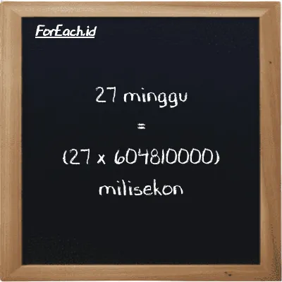 Cara konversi minggu ke milisekon (w ke ms): 27 minggu (w) setara dengan 27 dikalikan dengan 604810000 milisekon (ms)