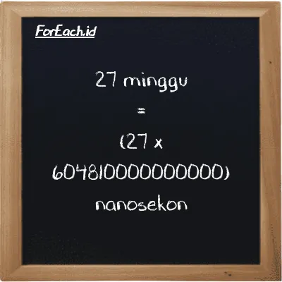 Cara konversi minggu ke nanosekon (w ke ns): 27 minggu (w) setara dengan 27 dikalikan dengan 604810000000000 nanosekon (ns)