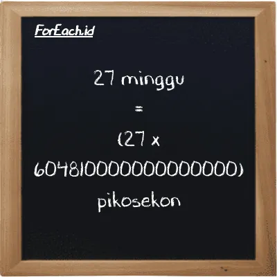 Cara konversi minggu ke pikosekon (w ke ps): 27 minggu (w) setara dengan 27 dikalikan dengan 604810000000000000 pikosekon (ps)