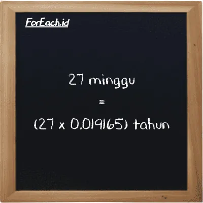 Cara konversi minggu ke tahun (w ke y): 27 minggu (w) setara dengan 27 dikalikan dengan 0.019165 tahun (y)