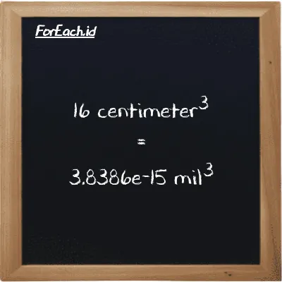 16 centimeter<sup>3</sup> setara dengan 3.8386e-15 mil<sup>3</sup> (16 cm<sup>3</sup> setara dengan 3.8386e-15 mi<sup>3</sup>)