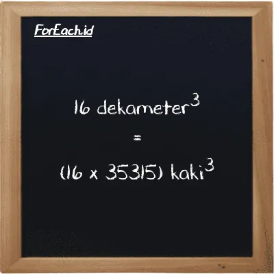 Cara konversi dekameter<sup>3</sup> ke kaki<sup>3</sup> (dam<sup>3</sup> ke ft<sup>3</sup>): 16 dekameter<sup>3</sup> (dam<sup>3</sup>) setara dengan 16 dikalikan dengan 35315 kaki<sup>3</sup> (ft<sup>3</sup>)