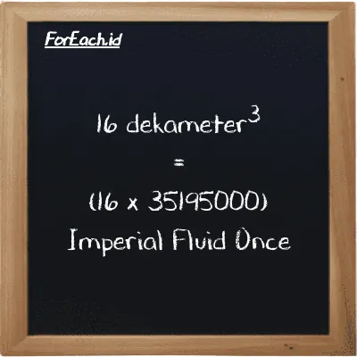 Cara konversi dekameter<sup>3</sup> ke Imperial Fluid Once (dam<sup>3</sup> ke imp fl oz): 16 dekameter<sup>3</sup> (dam<sup>3</sup>) setara dengan 16 dikalikan dengan 35195000 Imperial Fluid Once (imp fl oz)
