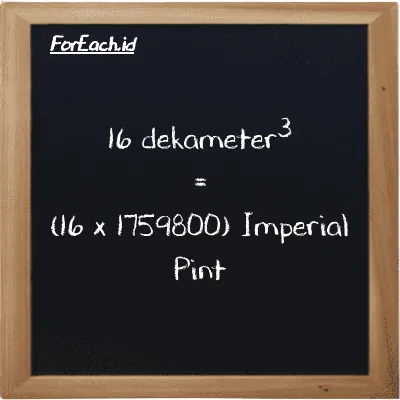 Cara konversi dekameter<sup>3</sup> ke Imperial Pint (dam<sup>3</sup> ke imp pt): 16 dekameter<sup>3</sup> (dam<sup>3</sup>) setara dengan 16 dikalikan dengan 1759800 Imperial Pint (imp pt)