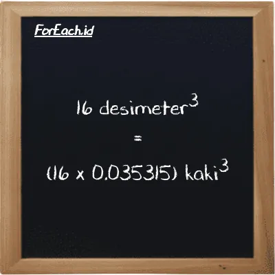 Cara konversi desimeter<sup>3</sup> ke kaki<sup>3</sup> (dm<sup>3</sup> ke ft<sup>3</sup>): 16 desimeter<sup>3</sup> (dm<sup>3</sup>) setara dengan 16 dikalikan dengan 0.035315 kaki<sup>3</sup> (ft<sup>3</sup>)