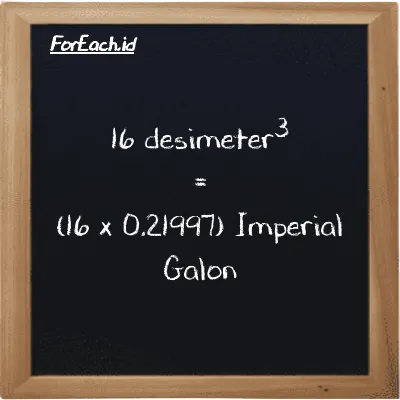 Cara konversi desimeter<sup>3</sup> ke Imperial Galon (dm<sup>3</sup> ke imp gal): 16 desimeter<sup>3</sup> (dm<sup>3</sup>) setara dengan 16 dikalikan dengan 0.21997 Imperial Galon (imp gal)