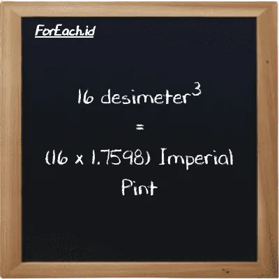 Cara konversi desimeter<sup>3</sup> ke Imperial Pint (dm<sup>3</sup> ke imp pt): 16 desimeter<sup>3</sup> (dm<sup>3</sup>) setara dengan 16 dikalikan dengan 1.7598 Imperial Pint (imp pt)