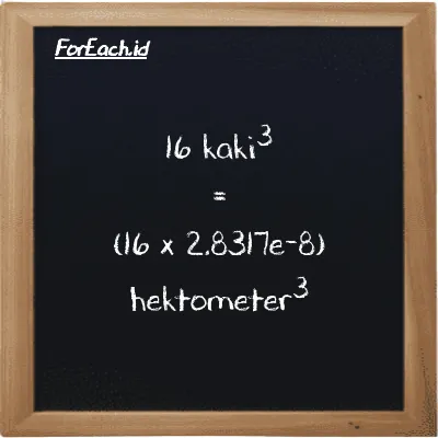 Cara konversi kaki<sup>3</sup> ke hektometer<sup>3</sup> (ft<sup>3</sup> ke hm<sup>3</sup>): 16 kaki<sup>3</sup> (ft<sup>3</sup>) setara dengan 16 dikalikan dengan 2.8317e-8 hektometer<sup>3</sup> (hm<sup>3</sup>)