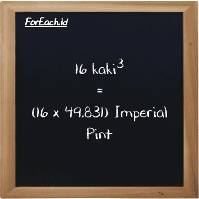 Cara konversi kaki<sup>3</sup> ke Imperial Pint (ft<sup>3</sup> ke imp pt): 16 kaki<sup>3</sup> (ft<sup>3</sup>) setara dengan 16 dikalikan dengan 49.831 Imperial Pint (imp pt)