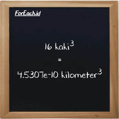 16 kaki<sup>3</sup> setara dengan 4.5307e-10 kilometer<sup>3</sup> (16 ft<sup>3</sup> setara dengan 4.5307e-10 km<sup>3</sup>)