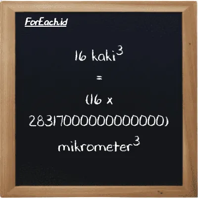 Cara konversi kaki<sup>3</sup> ke mikrometer<sup>3</sup> (ft<sup>3</sup> ke µm<sup>3</sup>): 16 kaki<sup>3</sup> (ft<sup>3</sup>) setara dengan 16 dikalikan dengan 28317000000000000 mikrometer<sup>3</sup> (µm<sup>3</sup>)