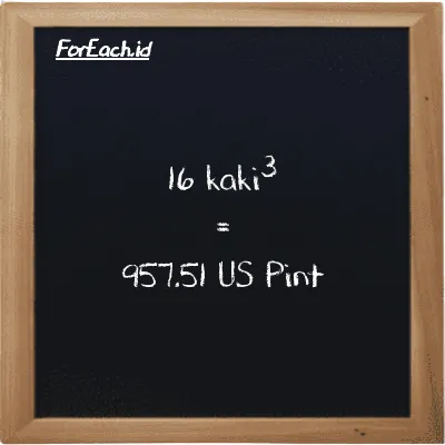 16 kaki<sup>3</sup> setara dengan 957.51 US Pint (16 ft<sup>3</sup> setara dengan 957.51 pt)