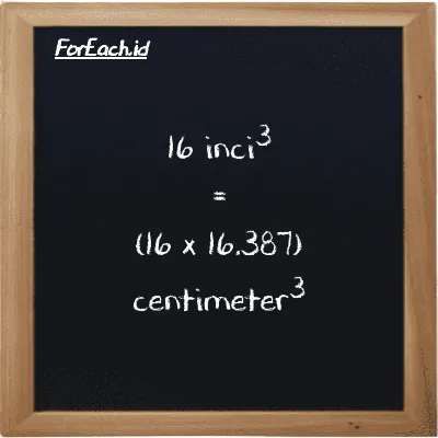 Cara konversi inci<sup>3</sup> ke centimeter<sup>3</sup> (in<sup>3</sup> ke cm<sup>3</sup>): 16 inci<sup>3</sup> (in<sup>3</sup>) setara dengan 16 dikalikan dengan 16.387 centimeter<sup>3</sup> (cm<sup>3</sup>)