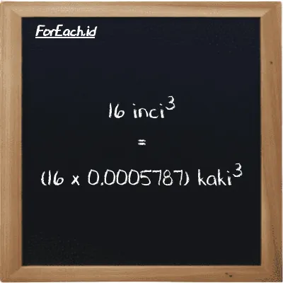 Cara konversi inci<sup>3</sup> ke kaki<sup>3</sup> (in<sup>3</sup> ke ft<sup>3</sup>): 16 inci<sup>3</sup> (in<sup>3</sup>) setara dengan 16 dikalikan dengan 0.0005787 kaki<sup>3</sup> (ft<sup>3</sup>)