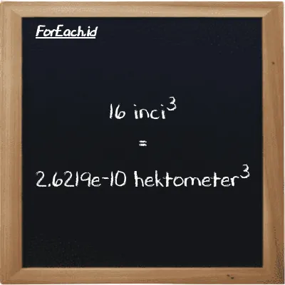 16 inci<sup>3</sup> setara dengan 2.6219e-10 hektometer<sup>3</sup> (16 in<sup>3</sup> setara dengan 2.6219e-10 hm<sup>3</sup>)