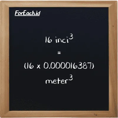Cara konversi inci<sup>3</sup> ke meter<sup>3</sup> (in<sup>3</sup> ke m<sup>3</sup>): 16 inci<sup>3</sup> (in<sup>3</sup>) setara dengan 16 dikalikan dengan 0.000016387 meter<sup>3</sup> (m<sup>3</sup>)