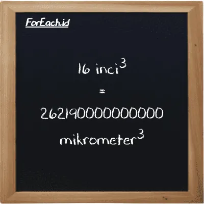16 inci<sup>3</sup> setara dengan 262190000000000 mikrometer<sup>3</sup> (16 in<sup>3</sup> setara dengan 262190000000000 µm<sup>3</sup>)