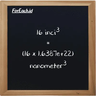 Cara konversi inci<sup>3</sup> ke nanometer<sup>3</sup> (in<sup>3</sup> ke nm<sup>3</sup>): 16 inci<sup>3</sup> (in<sup>3</sup>) setara dengan 16 dikalikan dengan 1.6387e+22 nanometer<sup>3</sup> (nm<sup>3</sup>)