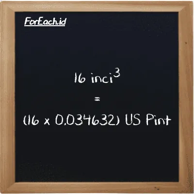 Cara konversi inci<sup>3</sup> ke US Pint (in<sup>3</sup> ke pt): 16 inci<sup>3</sup> (in<sup>3</sup>) setara dengan 16 dikalikan dengan 0.034632 US Pint (pt)