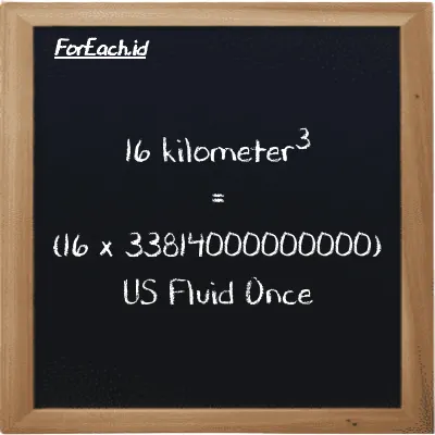 Cara konversi kilometer<sup>3</sup> ke US Fluid Once (km<sup>3</sup> ke fl oz): 16 kilometer<sup>3</sup> (km<sup>3</sup>) setara dengan 16 dikalikan dengan 33814000000000 US Fluid Once (fl oz)