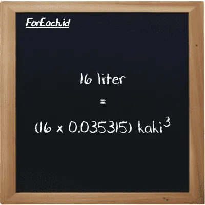 Cara konversi liter ke kaki<sup>3</sup> (l ke ft<sup>3</sup>): 16 liter (l) setara dengan 16 dikalikan dengan 0.035315 kaki<sup>3</sup> (ft<sup>3</sup>)