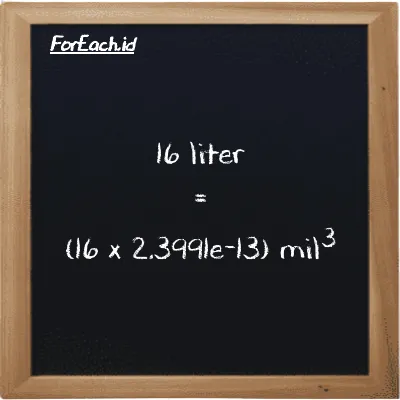 Cara konversi liter ke mil<sup>3</sup> (l ke mi<sup>3</sup>): 16 liter (l) setara dengan 16 dikalikan dengan 2.3991e-13 mil<sup>3</sup> (mi<sup>3</sup>)