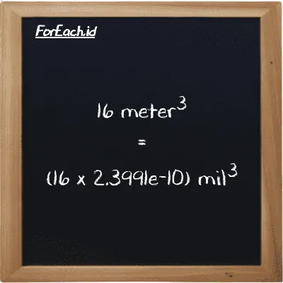 Cara konversi meter<sup>3</sup> ke mil<sup>3</sup> (m<sup>3</sup> ke mi<sup>3</sup>): 16 meter<sup>3</sup> (m<sup>3</sup>) setara dengan 16 dikalikan dengan 2.3991e-10 mil<sup>3</sup> (mi<sup>3</sup>)
