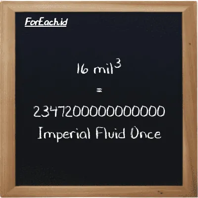 16 mil<sup>3</sup> setara dengan 2347200000000000 Imperial Fluid Once (16 mi<sup>3</sup> setara dengan 2347200000000000 imp fl oz)