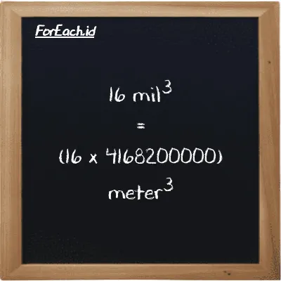 Cara konversi mil<sup>3</sup> ke meter<sup>3</sup> (mi<sup>3</sup> ke m<sup>3</sup>): 16 mil<sup>3</sup> (mi<sup>3</sup>) setara dengan 16 dikalikan dengan 4168200000 meter<sup>3</sup> (m<sup>3</sup>)