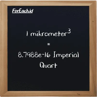 1 mikrometer<sup>3</sup> setara dengan 8.7988e-16 Imperial Quart (1 µm<sup>3</sup> setara dengan 8.7988e-16 imp qt)